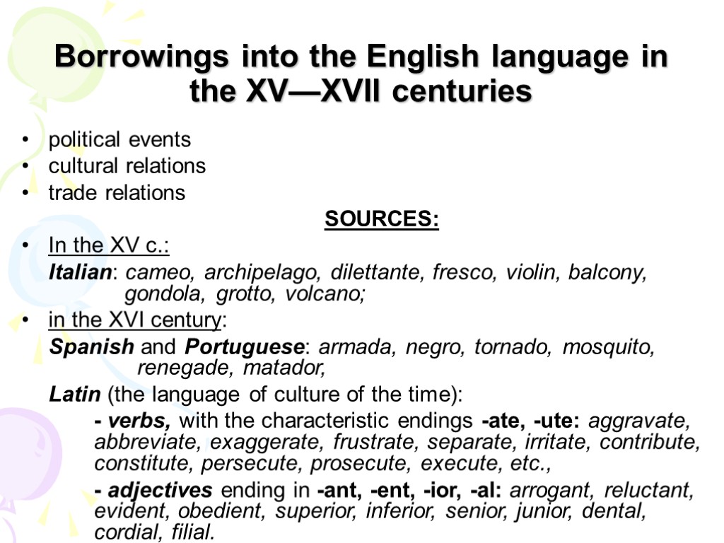 Borrowings into the English language in the XV—XVII centuries political events cultural relations trade